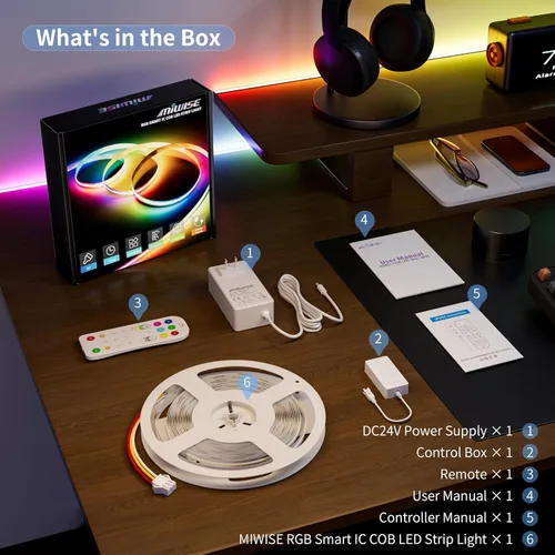 Vista 6 de MIWISE Tira de luz LED RGB Smart IC COB, luz de cinta LED flexible de 20 pies, tira RGB direccionable WS2811 con control de aplicación/modo