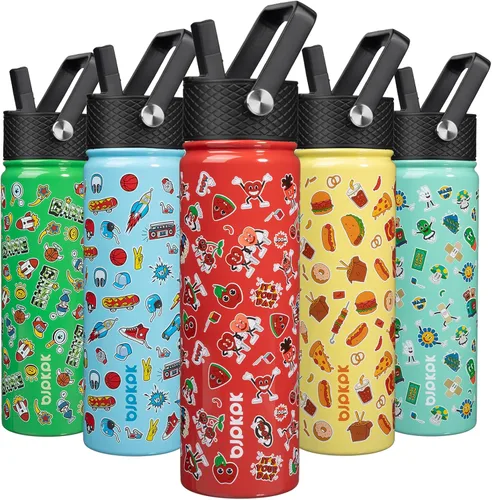 Vista 45 de BJPKPK Botella de agua con tapa con pajilla, botella de agua aislada de 15 onzas, botellas de agua de metal de acero inoxidable, termo reutilizable