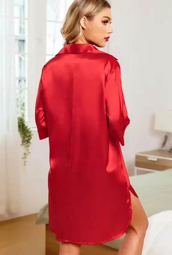 Vista 5 de Samring Camisones de seda para mujer, manga 34, con botones, camisola de satén para dormir
