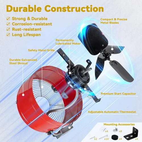 Vista 5 de Ventilador de ático a dos aguas de 15 pulgadas con termostato, ventilador de ventilación de ático enchufable de 1650 CFM con condensador de arranque