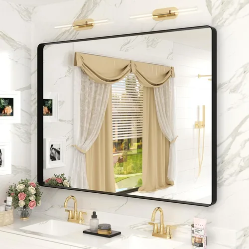 Vista 68 de Paquete de 2 espejos de baño con marco de metal negro de 22 x 30 pulgadas, espejo rectangular redondeado negro mate, antioxidante, se cuelga