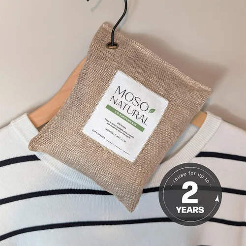 Vista 7 de Moso Natural Bolsa purificadora de aire de 7.05 oz (paquete de 4). Un eliminador de olores sin olor para automóviles, armarios, baños, áreas
