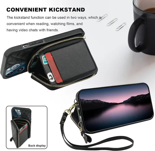 Vista 5 de Bocasal Funda tipo cartera cruzada para iPhone 12 Pro Max, con bloqueo RFID, de piel sintética, con cremallera, funda tipo cartera con función atril