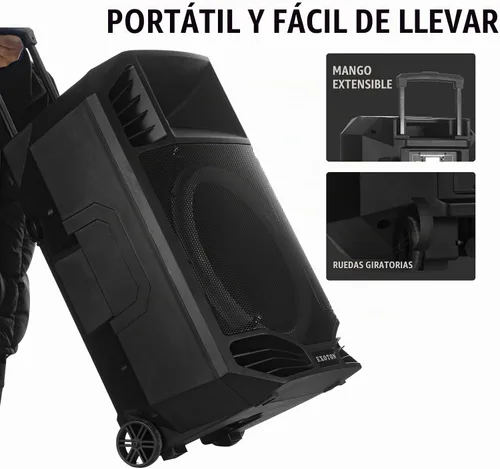 Vista 5 de EXOTON S-1501 15 Inch Portable Rechargeable PA Speaker 1600W, Bluetooth, TWS, USB/RCA, 2 UHF Mics, Remote, 7-Color Lights, DSP with 4 Scene Presets
