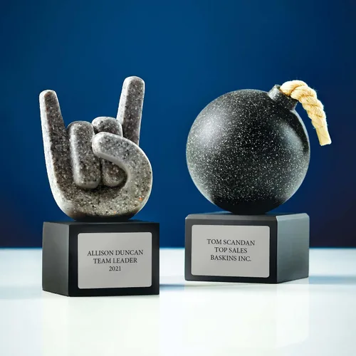 Vista 3 de Baudville Custom Engraved The Bomb Trophy Award - Carved Black Stone on Black Resin Base - Comes with Elegant Black Gift Box with nameplate Attached