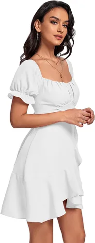Vista 4 de LYANER Minivestido cruzado con volantes y cuello cuadrado para mujer, hombros descubiertos, manga corta, acampanado, vestido fluido