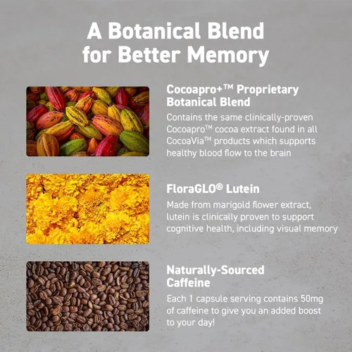 Vista 4 de CocoaVia Suplemento cerebral Memory & Focus, 90 días, mezcla de flavanol de cacao, luteína, cafeína añadida para impulsar. Mejora la función