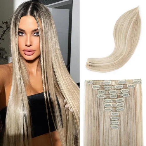 Vista 10 de REECHO Extensiones de cabello, 11 piezas de extensiones de cabello con clip de 24 pulgadas de largo, lacio, HE005, extensiones sintéticas naturales