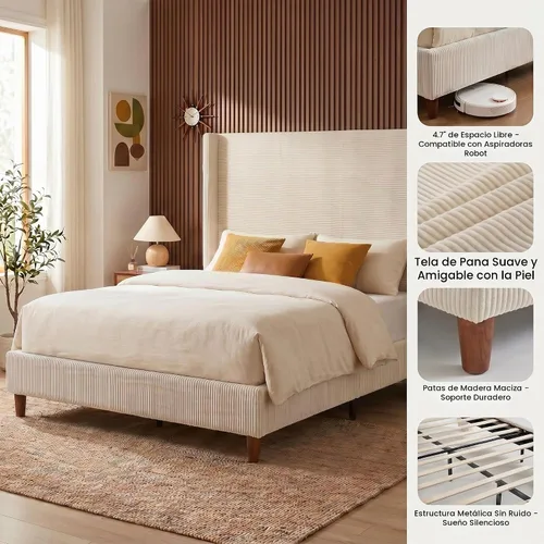 Vista 4 de WEUP Base de cama tamaño Queen con cabecera de pana de 56 pulgadas, color crema