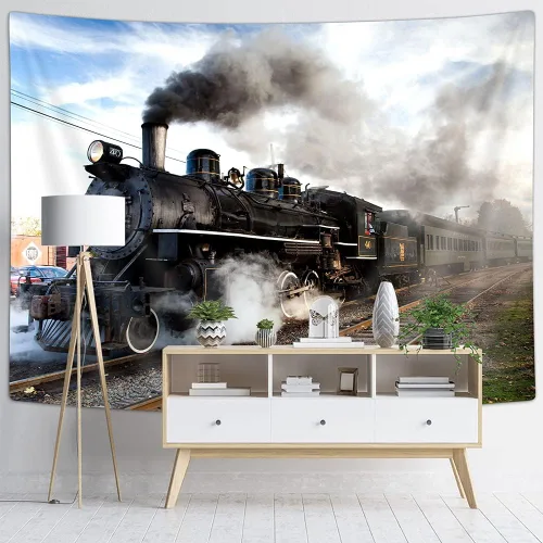 Vista 3 de VeiVian Tapiz de motor de vapor, tapiz antiguo de tren en vías de ferrocarril, tapiz temático de tren exprés, tapiz para colgar en la pared