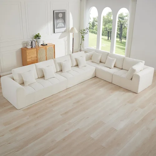 Vista 56 de Sofás seccionales modulares de 110 pulgadas para sala de estar, sofá seccional comprimido sin hueso, sofá de espuma viscoelástica tapizado de 3 Beige