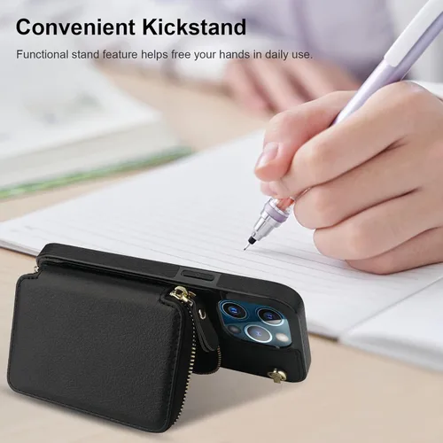 Vista 6 de Bocasal - Funda tipo cartera con múltiples ranuras para iPhone 13 Pro, color negro RFID Blocking PU Leather Purse Case with Card Holder, Handbag