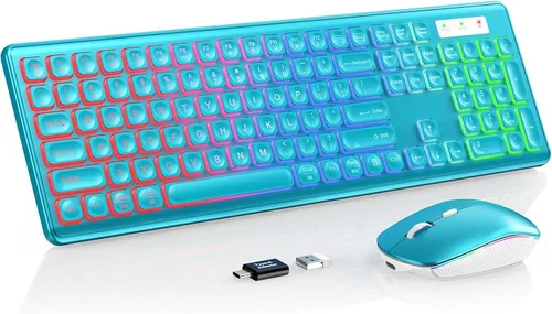 Vista 15 de Wireless Keyboard and Mouse Combo, RGB Backlit, Rechargeable & Light Up Letters, Full-Size, Soft Typing, Sleep Mode, 2.4GHz Quiet Keyboard Set for