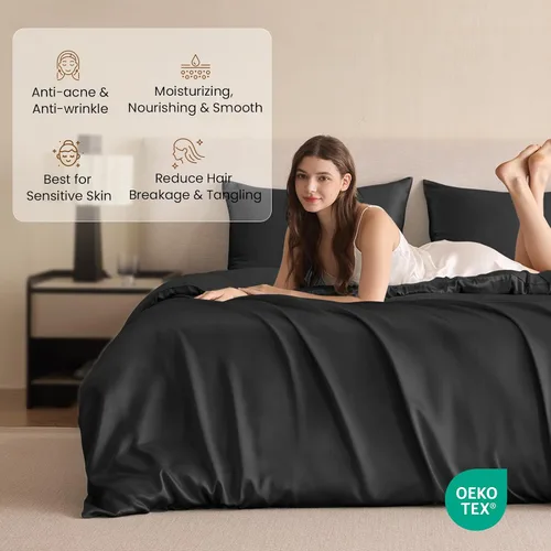 Vista 2 de THXSILK Juego de funda de edredón de seda de morera 100% pura de 3 piezas, ropa de cama de lujo ultra suave de grado 6A+, sábanas de seda
