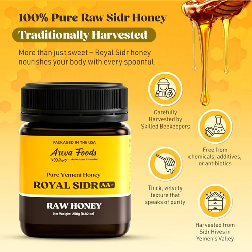 Vista 4 de Arwa Foods Royal Sidr AA+ - Miel cruda Royal Yemeni de Wadi of Douan - Miel cruda 100% sin filtrar, cruda y pura, sellada y empaquetada en Estados