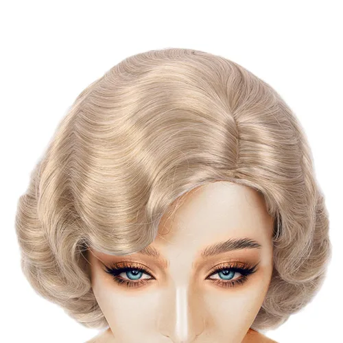 Vista 5 de IEBIYO Peluca rubia de los años 20 para mujer, peluca rubia con ondas de dedo, peluca vintage de pelo sintético para Halloween, cosplay, fiesta