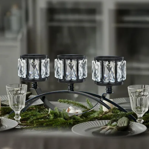 Vista 4 de Candelabro votivo de 3 brazos, candelabros de cristal, centros de mesa de boda para mesas, candelabros de cristal, decoración de mesa (negro)