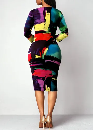 Vista 2 de vunahzma Church Outfits for Women Midi Work Dress Casual Long Sleeve Floral Prints Sexy Bodycon Pencil Dresses