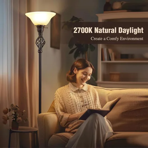 Vista 5 de GyroVu Torchiere - Lámpara de pie para sala de estar, luz LED de lectura de pie para dormitorio con pantalla de vidrio para sala de estar, esquina