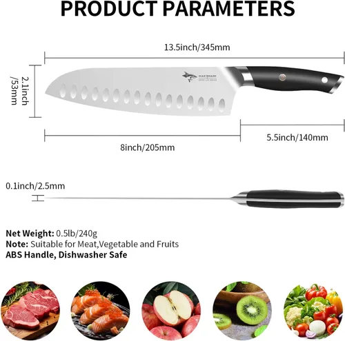 Vista 6 de Mad Shark - Cuchillo de chef profesional Santoku de 8 pulgadas, de acero inoxidable alemán de alto carbono, antiadherente, ultra afilado, con mango