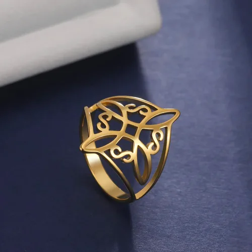 Vista 11 de UNIFT Anillo de nudo de bruja para mujer, acero inoxidable, celta, cuaternario, Wicca, estilo geométrico, anillo de nudo de brujería, amuleto