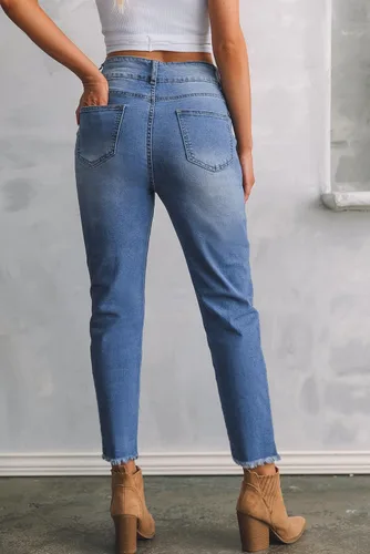 Vista 4 de Sidefeel Jeans de cintura alta para mujer, con dobladillo sin procesar, pierna recta, pantalones de mezclilla