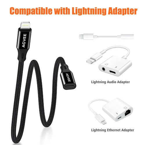 Vista 5 de AGVEE Cable de extensión Lightning de 1 pie, extensor trenzado hembra a macho, cable de función completa compatible con iPhone iPad, sincronización