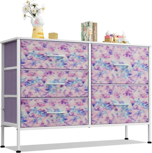 Vista 12 de WLIVE - Cómoda para dormitorio con 5 cajones, cómodas anchas para dormitorio con organizadores de cajones, cómoda con cajones, cómoda de tela