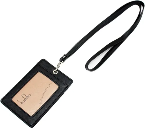 Vista 27 de Boshiho. Funda vertical, de piel, para tarjeta de identificación con cordón resistente., Negro