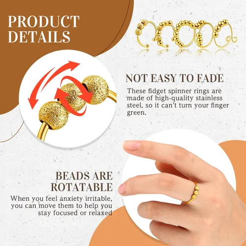 Vista 4 de Yinkin 30 anillos para ansiedad para mujeres, de acero inoxidable, ajustable, con cuentas, para hombres y adultos, alivio del estrés (dorado)