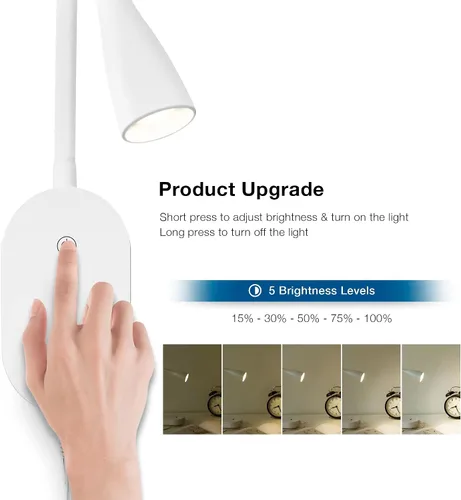 Vista 5 de Luz de lectura de pared para libros en la cama, lámpara de pared de cabecera con salida USB, lámpara de lectura regulable con 5 controles táctiles