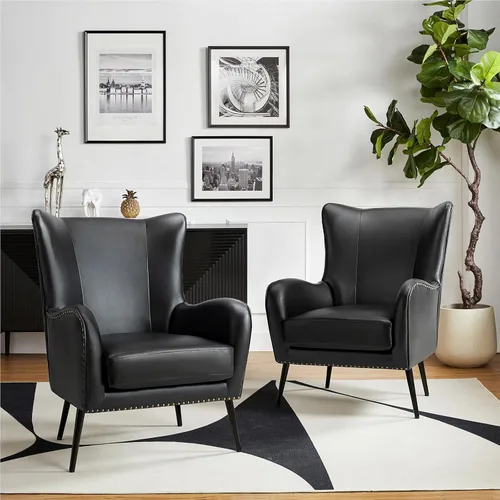 Vista 23 de HULALA HOME Silla decorativa de piel sintética con cojín extraíble, cómodo sillón tapizado con patas de metal negro y ribete de cabeza de clavo