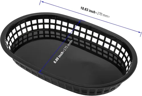 Vista 2 de Paquete de 24 cestas negras para servir comida rápida, de 11 x 7 pulgadas, forma ovalada de plástico para servicio de delicatessen, pan, perritos