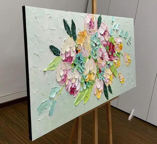 Vista 5 de AZAVY Arte, 24 x 48 pulgadas, moderno ramo de flores texturizadas pintadas a mano, arte de pared, pinturas al óleo florales sobre lienzo, naturaleza