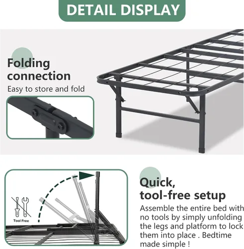 Vista 3 de PayLessHere Marco de cama plegable de metal de 14 pulgadas, plataforma de listones de acero resistente, base de cama, base de colchón, repuesto