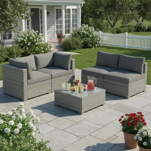 Vista 23 de Tangkula Juego de 2 sofás de mimbre para exteriores, sin brazos, juego de sofá modular de ratán para patio con 2 cojines de asiento gruesos y 2
