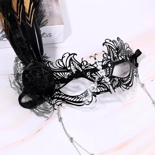 Vista 8 de Aroncent Máscara de plumas para mujer: máscara de filigrana de metal veneciano con cadena desmontable, fiesta de Halloween Negro