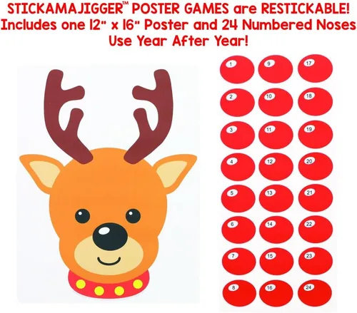 Vista 2 de STICKAMAJIGGER Juego de póster de pega la nariz roja en el reno, reutilizable y reutilizable