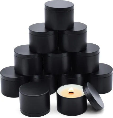 Vista 11 de Paquete de 12 tarros de velas, latas de velas de 4 onzas con tapas de impresión de grano de madera de metal, tarros de velas de metal vacíos