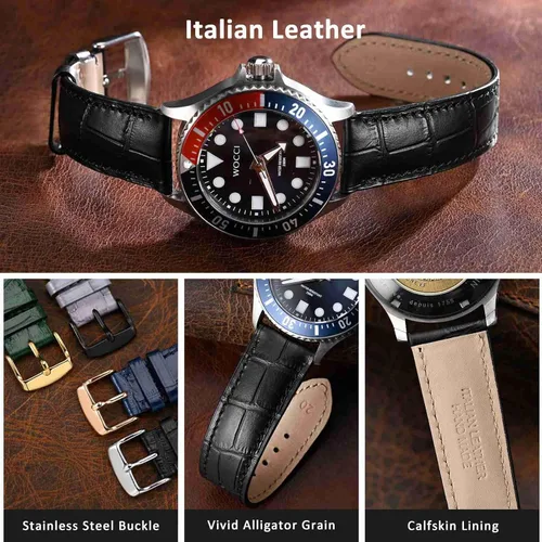 Vista 3 de WOCCI - Correas para reloj de cuero italiano, grano de cocodrilo en relieve, elige color y ancho 14 mm 18 mm 19 mm 20 mm 21 mm 22 mm, Negro