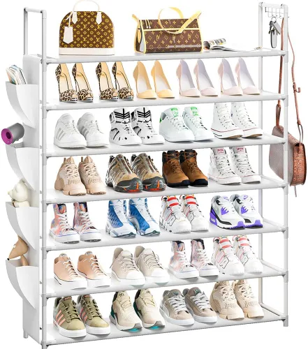 Vista 11 de OYREL Organizador de zapatos de 5 niveles para armario, entrada, garaje, puerta, ahorro de espacio, soporte/torre para zapatos, grande, capacidad