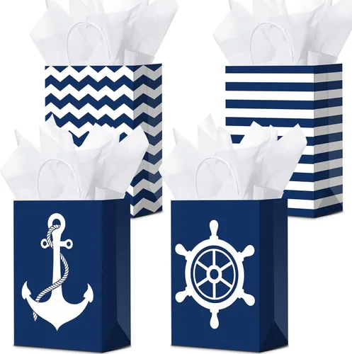 Vista 8 de Sepamoon Paquete de 16 bolsas de regalo náuticas, bolsas de papel para fiestas náuticas y papel de seda con asas, anclajes marinos, golosinas