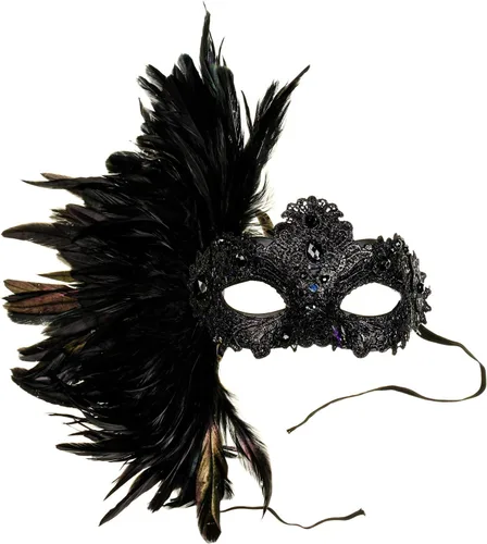 Vista 6 de Lujo Venecia Mujeres Carnaval Mascarada Máscara Veneciana con Pluma Lateral - Negro