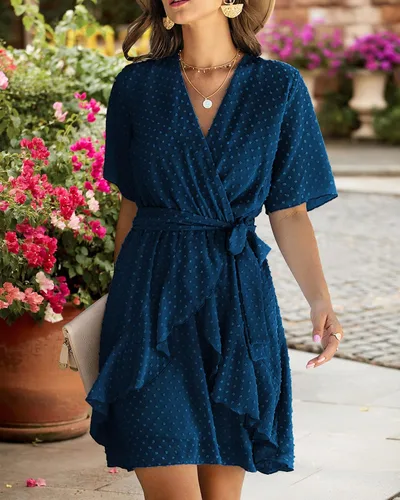 Vista 7 de BTFBM - Vestido corto de verano 2023 con cuello en V para mujer, manga corta, cintura alta, dobladillo con volantes, falso cruce