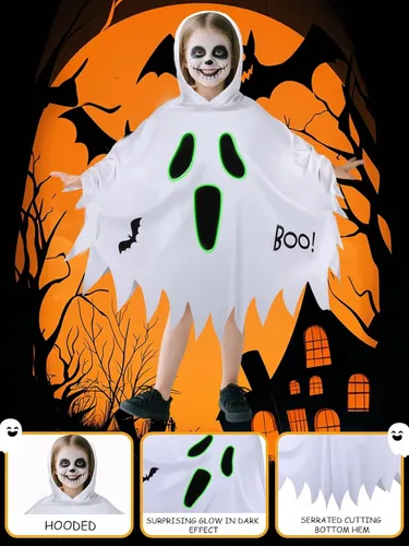 Vista 4 de Disfraz de fantasma de 3 piezas para niños, capa blanca