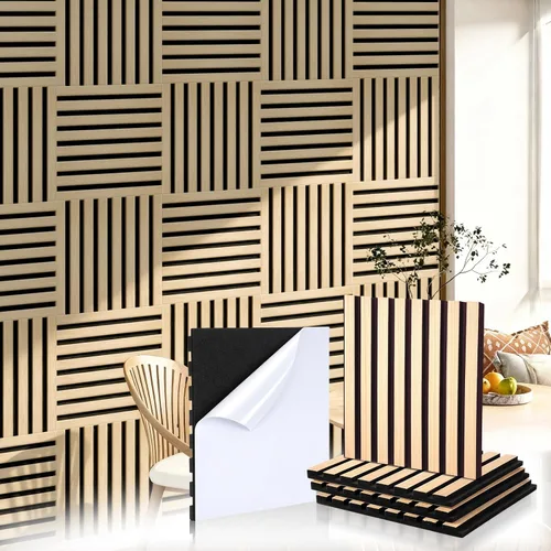 Vista 8 de Geelin 8 piezas paneles de pared de madera 3D autoadhesivos para despegar y pegar, paneles de listones de madera con textura acústica