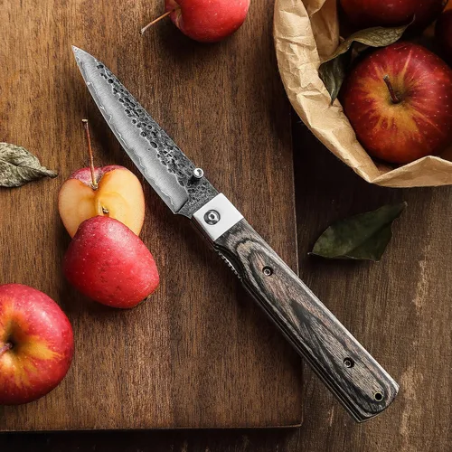 Vista 5 de SENBON Cuchillo universal plegable de bolsillo de acero inoxidable 440A forjado 440A con mango de madera de color para acampar, viajes, al aire