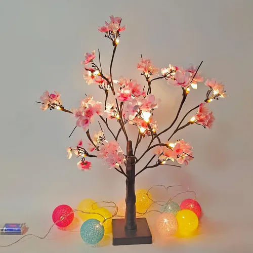 Vista 8 de Árbol de cerezo iluminado, 21.7 pulgadas, 24 luces LED artificiales de mesa de cerezo bonsái, funciona con pilas, decoración de árbol de flores