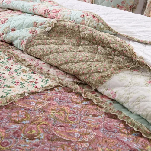 Vista 8 de ABREEZE Juego de edredón acolchado de algodón con diseño de retazos florales y rosas azules, juego de colcha rústica de 3 piezas