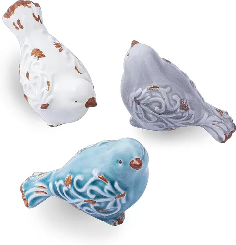 Vista 2 de Figura de pájaro de cerámica con acabado envejecido, decoración del hogar, juego surtido de 3